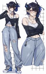 1girl absurdres alternate_costume alternate_hairstyle asymmetrical_horns black_cardigan black_hair blue_hair blue_pants blunt_bangs blush breasts bright_pupils cardigan cleavage closed_mouth colored_inner_hair commentary crop_top cropped_cardigan denim earrings english_commentary flower fortissimo full_body glasses hair_bun hair_ornament hand_up highres hololive hololive_english horn_flower horns jailbird_(nerissa_ravencroft) jeans jewelry keisea large_breasts midriff mole mole_under_eye multicolored_hair multiple_views musical_note musical_note_hair_ornament navel necklace nerissa_ravencroft pants parted_bangs purple_eyes semi-rimless_eyewear shoes short_hair_with_long_locks single_sidelock sleeves_past_wrists slit_pupils smile sneakers tank_top torn_clothes torn_pants uneven_horns virtual_youtuber white_pupils white_tank_top