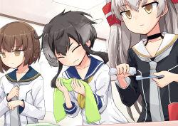 Rule 34 | 3girls, amatsukaze (kancolle), amatsukaze kai ni (kancolle), black dress, black hair, brown eyes, brown hair, dress, gradient hair, grey hair, grey neckerchief, hair tubes, kakizaki (chou neji), kantai collection, long hair, multicolored hair, multiple girls, neckerchief, sailor dress, short hair, short hair with long locks, sidelocks, tokitsukaze (kancolle), toothbrush, toothpaste, towel, two side up, upper body, yukikaze (kancolle), yukikaze kai ni (kancolle)