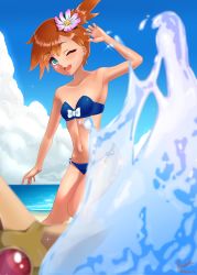 1girl ;d absurdres armpits beach bikini blue_bikini blue_eyes blue_sky blurry blurry_background breasts brown_hair cleavage cloud collarbone creatures_(company) day earrings flower game_freak gen_1_pokemon hair_flower hair_ornament highres jewelry khayman misty_(pokemon) navel nintendo ocean one_eye_closed one_side_up open_mouth outdoors panties pokemon pokemon_(creature) pokemon_frlg short_hair side-tie_panties signature sky small_breasts smile staryu strapless strapless_bikini summer swimsuit twitter_username underwear white_flower