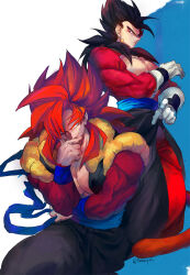 Rule 34 | black hair, blue eyes, blue sash, closed mouth, dougi, dragon ball, dragon ball heroes, earrings, gloves, gogeta, gogeta (xeno), jewelry, long hair, looking at viewer, male focus, metamoran vest, monkey boy, monkey tail, multiple boys, muscular, muscular male, ommmyoh, pants, potara earrings, red fur, saiyan, sash, smile, spiked hair, super saiyan, super saiyan 4, tail, time patrol (dragon ball), twitter username, vegetto, vegetto (xeno)