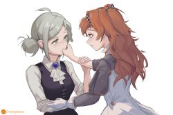 2girls ascot black_vest blush checkered_hairband collared_shirt commentary dress english_commentary finger_in_another&#039;s_mouth gloves grey_dress grey_eyes grey_hair hair_bun hairband highres long_sleeves multiple_girls orange_hair parted_lips purple_brooch reverse:1999 shirt simple_background single_side_bun sonetto_(reverse:1999) sweat two-tone_dress two_side_up vertin_(reverse:1999) vest vispersss white_ascot white_background white_dress white_gloves white_shirt yuri