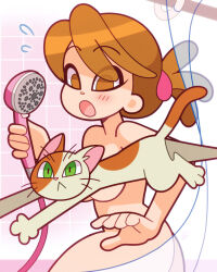 1girl 30girl.com animal ass bath blush breasts brown_eyes brown_hair cat convenient_censoring curtains flying_sweatdrops highres holding large_breasts long_hair louis_lloyd-judson nude open_mouth ponytail shower_head standing surprised yugami_ririko
