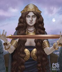 1girl absurdres armband blue_cape blue_robe bronze bronze_headwear brown_hair cape christian_sloan_hall full_moon gold_armlet green_eyes highres holding holding_sword holding_weapon jewelry long_hair moon necklace original priestess ring robe solo sword weapon