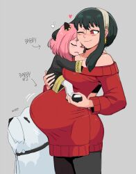 2girls anya_(spy_x_family) bare_shoulders big_belly black_hair bond_(spy_x_family) braid braided_bun breasts carrying carrying_person collarbone cone_hair_bun cowboy_shot dog drooling earrings english_text hair_bun hairband heart highres jewelry large_breasts long_hair looking_at_another medium_hair mother_and_daughter motion_lines multiple_girls noodlemage one_eye_closed pantyhose pink_hair pregnant red_eyes red_sweater school_uniform shoes sidelocks sleeping smile spy_x_family standing sweater yor_briar