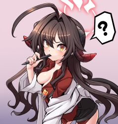 1girl ? ahoge black_shorts black_tail blue_archive blush breasts brown_hair cleavage coat coat_partially_removed collared_shirt demon_horns demon_tail hair_intakes halo highres holding holding_stylus horns kasumi_(blue_archive) lab_coat long_hair long_sleeves medium_breasts oversized_clothes ranken red_halo red_shirt shirt shirt_tucked_in shorts simple_background sleeves_past_wrists solo speech_bubble spoken_question_mark stylus tail white_coat yellow_eyes