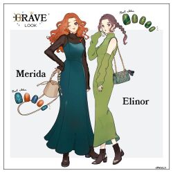 2girls animification brave_(pixar) brown_hair commentary_request contemporary copyright_name dress duplicate elinor_(brave) genderswap jewelry long_hair long_sleeves looking_at_viewer meecosme merida_(brave) mother_and_daughter multiple_girls nail_polish ponytail simple_background smile translation_request