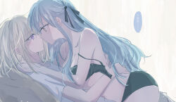 Rule 34 | 2girls, 55ddee, bang dream!, bang dream! it&#039;s mygo!!!!!, black bra, black panties, blonde hair, blue hair, blush, bra, eye contact, hand on another&#039;s shoulder, hand on another&#039;s waist, long hair, looking at another, misumi uika, multiple girls, panties, parted lips, purple eyes, shirt, short sleeves, simple background, speech bubble, strap slip, togawa sakiko, translation request, underwear, undone bra, white background, white shirt, yuri