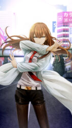 1girl archived_source arms_across_body belt black_pantyhose black_shorts breast_pocket breasts brown_hair building city closed_mouth coat cowboy_shot floating_hair game_cg grey_eyes hair_between_eyes highres huke lab_coat long_hair long_sleeves looking_at_viewer makise_kurisu necktie official_art outdoors pantyhose pantyhose_under_shorts pocket red_necktie road shirt short_shorts shorts small_breasts solo standing steins;gate street third-party_source white_belt white_coat white_shirt