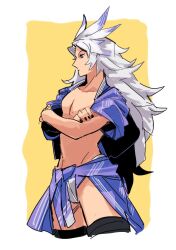 1boy bikini bikini_bottom_only black_nails colored_tips cowboy_shot crossed_arms final_fantasy final_fantasy_ix grey_hair jacket kuja long_hair male_focus mazimagheotgeot multicolored_hair nail_polish no_shirt purple_bikini purple_eyes purple_hair purple_jacket sketch solo swimsuit two-tone_background white_background yellow_background