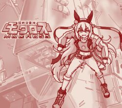 1girl animal_ears boots brown_theme choujikuu_yousai_macross commentary_request ear_covers full_body horse_ears horse_girl long_hair long_sleeves looking_at_viewer lowres machine macross midriff monochrome navel open_mouth pants shiodanx shirt smile socks solo tamamo_cross_(umamusume) umamusume v-shaped_eyebrows