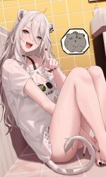 Rule 34 | 1girl, :d, absurdres, ahoge, animal ear piercing, animal ears, bare legs, barefoot, bathroom, between legs, black bra, black choker, black nails, bra, breasts, choker, commentary, double-parted bangs, fangs, grey eyes, grey hair, hair between eyes, hand between legs, highres, hololive, indoors, knees up, large breasts, laughing, lion ears, lion tail, long hair, long hair between eyes, looking at viewer, loose clothes, loose shirt, messy hair, nail polish, nata (tool), no pants, official alternate costume, on floor, open mouth, pointing, pointing at viewer, shirt, shishiro botan, shishiro botan (casual), single off shoulder, sitting, smile, solo, ssrb (shishiro botan), symbol-only commentary, t-shirt, tail, teeth, tile floor, tile wall, tiles, toenail polish, toenails, underwear, upper teeth only, virtual youtuber, wanne, wet, wet clothes, wet shirt, white shirt