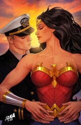 1boy 1girl arms_around_waist bare_shoulders black_hair black_jacket bracer breasts closed_eyes collarbone couple david_nakayama dc_comics hat hetero highres holding_hands jacket jewelry lips lipstick long_hair looking_at_another makeup medium_breasts military_hat neck orange_lips outdoors parted_lips steve_trevor strapless sunset tiara wavy_hair wonder_woman wonder_woman_(series)