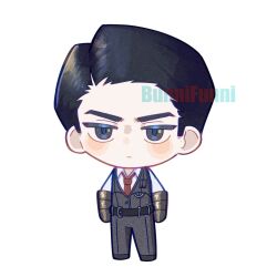 1boy black_eyes black_hair black_pants black_vest chibi closed_mouth collared_shirt full_body funnibunni gauntlets highres limbus_company long_sleeves looking_at_viewer male_focus meursault_(project_moon) necktie pants project_moon red_necktie shirt short_hair simple_background solo standing vest white_background white_shirt