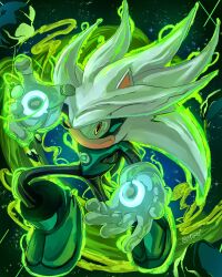 1boy 2kartz absurdres aura body_fur bodysuit cosplay dc_comics full_body furry furry_male gloves green_bodysuit green_lantern green_lantern_(cosplay) green_lantern_(series) highres male_focus silver_the_hedgehog solo sonic_(series) superhero_costume white_fur white_gloves