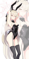 1girl absurdres alternate_costume alternate_hairstyle angel_wings animal_ears armpit_crease armpits arms_behind_head ass bare_shoulders black_bow black_bowtie black_hairband black_leotard blue_archive blush bow bowtie braid breasts brown_hair cameltoe cleavage commentary_request curvy detached_collar embarrassed eyes_visible_through_hair fake_animal_ears fake_tail feathered_wings feet_out_of_frame flower from_side furrowed_brow garter_straps groin hair_between_eyes hair_bow hair_flower hair_ornament hairband half_up_braid halo highres leotard long_hair looking_at_viewer medium_breasts nagisa_(blue_archive) nervous_smile nose_blush open_mouth pink_flower pink_halo playboy_bunny rabbit_ears rabbit_tail simple_background smile solo standing straight_hair strapless strapless_leotard sweatdrop tail thighs tsurime very_long_hair white_background white_flower white_wings white_wrist_cuffs wings wrist_cuffs ydayluca yellow_eyes zoom_layer