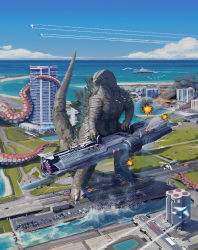 aircraft aircraft_carrier airplane american_flag artist_collaboration battleship bayonet bioluminescence bird building cannon car destruction dinosaur directed-energy_weapon dope_pope energy energy_cannon energy_gun energy_weapon epic explosion fighter_jet fire giant giant_monster glowing glowing_eyes godzilla godzilla_(series) gun helicopter highres kaiju knife legendary_pictures maser_cannon military military_vehicle monarch_(monsterverse) monster monsterverse mother_ship motor_vehicle ocean outdoors parking_lot paul_jouard science_fiction ship smirk smoke steam tail tentacles toho war warship water watercraft weapon weapon_focus writing