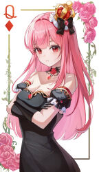 1girl absurdres bare_shoulders black_bow black_dress black_gloves bow breasts choker cleavage closed_mouth collarbone copyright_request crossed_arms crown dress flower flower_choker gloves hair_bow highres long_hair looking_at_viewer medium_breasts pink_flower pink_hair pink_rose prana_(prana12) queen_(playing_card) queen_of_diamonds red_eyes rose solo