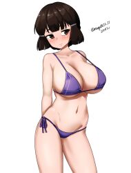 Rule 34 | 1girl, absurdres, bikini, black hair, braid, breasts, brown eyes, cleavage, contrapposto, dated, hair ornament, hairclip, half up braid, highres, kantai collection, large breasts, maru (marg0613), myoukou (kancolle), one-hour drawing challenge, purple bikini, short hair, side-tie bikini bottom, simple background, solo, standing, swimsuit, twitter username, white background
