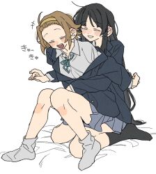 2girls ahoge akiyama_mio black_hair black_socks black_suit brown_hair buttons dayama flat_color formal_clothes full_body grin hairband highres hug k-on! laughing long_hair multiple_girls shirt short_hair sitting smile socks suit tainaka_ritsu teeth translation_request very_long_hair white_shirt white_socks yellow_hairband yuri