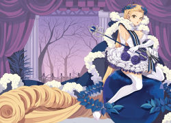 1girl absurdly_long_hair apple apple972 bad_id bad_pixiv_id bare_tree blonde_hair blue_flower blue_rose breasts cape cleavage column curly_hair curtains dress elbow_gloves female_focus flower food frilled_dress frills fruit fur gloves head_wreath inzup lace lace-trimmed_dress lace_trim long_hair medium_breasts original pillar rose scepter solo strapless strapless_dress thighhighs tree very_long_hair white_dress white_gloves white_thighhighs wreath zettai_ryouiki