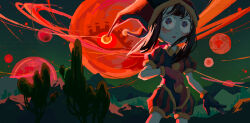 1girl artist_name black_hair blue_eyes blush bubble_(the_amazing_digital_circus) eyeball gilding-the-time gloves hat hat_bell highres jester jester_cap jester_costume multicolored_eyes multicolored_hat night night_sky outdoors pomni_(the_amazing_digital_circus) red_gloves sky standing striped_clothes striped_headwear the_amazing_digital_circus tree two-tone_eyes vertical-striped_bodysuit watermark web_address