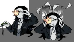 1girl bajinns black_hair bob_cut colored_skin coral coral_glasses ena:_dream_bbq ena_(dream_bbq) ena_(series) ena_(species) eyelashes glasses highres jacket long_hair necktie pants red_skin shirt smile solo sweat white_necktie white_skin