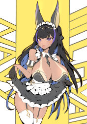 +_+ 1girl absurdres apron azur_lane bare_shoulders between_breasts black_garter_straps black_gloves black_hair black_necktie boring8 breasts cleavage cleopatra_(azur_lane) clothes_lift dark-skinned_female dark_skin dress dress_lift garter_straps gloves highres huge_breasts large_breasts light_blush looking_at_viewer maid maid_apron maid_headdress multicolored_hair necktie open_mouth purple_eyes purple_hair solo streaked_hair tan tanline thighhighs waist_apron white_thighhighs yellow_pupils