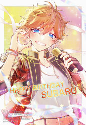1boy absurdres akehoshi_subaru belt black_gloves blue_eyes blush character_name ensemble_stars! fingerless_gloves gloves hair_between_eyes half-heart_hands happy_birthday heart heart_hands heart_in_heart_hands highres holding holding_microphone kirahoshi_enst looking_at_viewer male_focus microphone orange_belt orange_hair short_hair single_fingerless_glove single_glove smile solo streamers upper_body