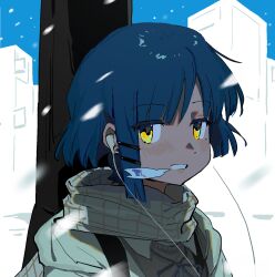 1girl androgynous blue_hair blunt_bangs bocchi_the_rock! breath clenched_teeth cold dark_blue_hair earphones green_scarf green_sweater hair_ornament hairpin highres looking_at_viewer motion_blur outdoors plaid_clothes plaid_scarf portrait scarf sideways_glance sketch_background snowing solo sweater teeth wind wo-de-ma yamada_ryo yellow_eyes