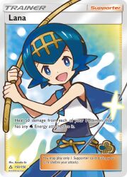 1girl :d artist_name blue_eyes blue_hair blue_pants card_(medium) character_name company_name copyright_name copyright_notice english_text eo_kanako fishing_rod hairband holding holding_fishing_rod lana_(pokemon) nintendo no_sclera official_art open_mouth pants pokemon pokemon_card pokemon_sm pokemon_tcg shirt short_hair sleeveless sleeveless_shirt smile solo third-party_source trading_card white_shirt yellow_hairband