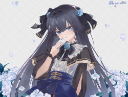 Rule 34 | 1girl, ace (playing card), ace of spades, arcaea, arm at side, arm cutout, black bow, black bowtie, black capelet, black hair, blue eyes, blue flower, blue petals, blue rose, blue skirt, bow, bowtie, capelet, card, center frills, closed mouth, commentary request, falling petals, flower, frills, hair between eyes, hair flower, hair intakes, hair ornament, hair ribbon, highres, holding, holding card, light blush, long hair, long sleeves, looking at viewer, petals, playing card, pleated capelet, ribbon, rose, shirt, skirt, solo, spade (shape), standing, tairitsu (arcaea), tairitsu (grievous lady) (arcaea), upper body, user axwx7828, very long hair, white shirt