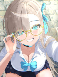 1girl absurdres asuna_(blue_archive) asuna_(school_uniform)_(blue_archive) bespectacled black_skirt blonde_hair blue_archive blue_bow blue_bowtie blue_eyes blue_nails blue_ribbon bow bowtie breasts cleavage collared_shirt commentary_request glasses grin hair_over_one_eye hair_ribbon hand_up highres large_breasts long_hair looking_at_viewer miniskirt nail_polish official_alternate_costume outdoors pleated_skirt poipoi_v_game ribbon round_eyewear school_uniform shirt skirt smile solo white_shirt yellow-framed_eyewear