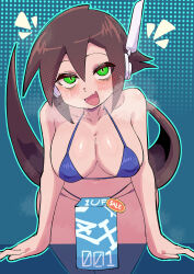 1girl absurdres aile_(mega_man_zx) bare_shoulders bent_over bikini blue_background blue_bikini breasts breath brown_hair buzzlyears collarbone cowboy_shot highres large_breasts long_hair mega_man_(series) mega_man_zx mega_man_zx_advent navel ponytail robot_ears simple_background solo swimsuit very_long_hair
