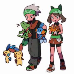 Rule 34 | 1boy, 1girl, :o, bandana, beanie, bike shorts, black eyes, black socks, brendan (pokemon), brown hair, collared dress, commentary request, dress, fanny pack, gen 3 pokemon, gloves, green bag, green bandana, hat, holding, holding pokemon, may (pokemon), minun, mudkip, nintendo, open mouth, pants, plusle, pokemon, pokemon (creature), pokemon emerald, pokemon rse, popped collar, shirt, shoes, short dress, short sleeves, socks, standing, starter pokemon trio, torchic, treecko, tyako 089