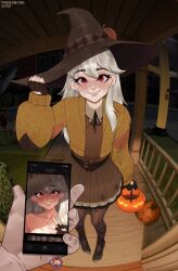 1boy 1girl black_gloves brown_dress brown_hat brown_pantyhose cellphone cum cum_on_body dress facial fingerless_gloves fisheye fortnite gloves grin halloween_bucket hand_on_headwear hat highres holding holding_phone jack-o&#039;-lantern jacket juxtaposition lexa_(fortnite) lilatole looking_at_viewer open_clothes open_jacket pantyhose phone pinafore_dress porch pov pov_hands pumpkin red_eyes sleeveless sleeveless_dress smartphone smile w yellow_jacket
