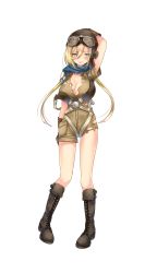 108_gou 1girl arm_behind_back arm_up aviator_cap black_boots blonde_hair blue_eyes blue_scarf blush boots breasts brown_gloves cleavage female_focus formation_girls full_body gloves goggles goggles_on_head hair_between_eyes highres lace-up_boots large_breasts long_hair looking_at_viewer official_art petra_henry_clostermann scarf short_sleeves solo standing torn_clothes torn_scarf transparent_background twintails