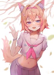 1girl absurdres animal_ear_fluff animal_ears bandaid bandaid_hair_ornament blonde_hair blue_eyes blue_skirt branch breasts cropped_shirt dog_ears dog_girl dog_tail fangs hair_ornament highres hololive hololive_english looking_at_viewer medium_hair mococo_abyssgard multicolored_hair navel neckerchief open_mouth pink_hair pink_neckerchief school_uniform shirt skirt small_breasts smile solo streaked_hair szuukie tail virtual_youtuber waving white_shirt