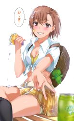 1girl asymmetrical_bangs bag bag_charm belt black_socks bra bra_peek breasts brown_eyes brown_hair brown_skirt can charm_(object) collared_shirt commentary crepe crossed_bangs crossed_legs food food_on_thigh gekota gyaru gyaru_v hair_between_eyes hair_ornament hairpin highres holding holding_crepe holding_food kneehighs midriff misaka_mikoto on_bench parted_lips plaid_clothes plaid_skirt school_bag shirt short_hair shorts shorts_under_skirt sioo_1029 sitting skirt small_breasts smile socks solo speech_bubble sticker_on_face tied_shirt toaru_kagaku_no_railgun toaru_majutsu_no_index translated underwear v white_background white_shirt yellow_bra