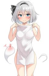 1girl absurdres black_hairband blood blue_eyes blush breasts covering_privates grey_hair hair_between_eyes hairband highres holding holding_towel konpaku_youmu konpaku_youmu_(ghost) looking_at_viewer medium_breasts naked_towel nosebleed nude_cover short_hair simple_background solo touhou towel white_background youmu-kun