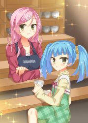 Rule 34 | 2girls, :/, :3, akagi (sanoba witch), apron, black apron, blue hair, blunt bangs, blunt ends, blurry, blurry background, blush, cafe, closed mouth, collarbone, colored eyelashes, commentary request, cowboy shot, crossed arms, cup, dress, flower, frown, fuyukichi (nikoniko1567), german text, green dress, hair flower, hair ornament, hairclip, highres, holding, holding cup, holding plate, indoors, long hair, long sleeves, looking at viewer, multiple girls, parallel hairclips, parted lips, pink hair, plaid clothes, plaid dress, plate, red ribbon, red shirt, ribbon, sanoba witch, shirt, sitting, sleeves past wrists, smile, souma nanao, sparkle, standing, teacup, turtleneck, twintails, upper body, yellow eyes, yellow flower, yellow shirt