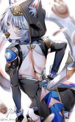 1girl animal_ear_fluff animal_ears animal_hood artist_name back backless_outfit black_gloves blue_eyes breasts cat_ears cat_girl cat_hood cat_tail cipher_(honkai:_star_rail) coin commentary_request from_side gloves gold_coin highres honkai:_star_rail honkai_(series) hood looking_at_viewer mouth_hold om_rm1101 one_eye_closed short_hair_with_long_locks simple_background solo tail twitter_username white_background