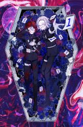 Rule 34 | 2boys, :d, absurdres, ahoge, aotsuki eito, armband, belt, black streaks, blood, blood on clothes, blood on gloves, bloody knife, chinese commentary, coffee, covering own eyes, crying, evil smile, flower bed, full moon, gakuran, geta, gloves, grey hair, highres, knife, last defense academy school uniform, lying, male focus, mizongwenwu, moon, multicolored hair, multiple boys, on back, open mouth, outstretched arm, outstretched hand, paper, red hair, school uniform, short hair, smile, spoilers, streaked hair, sumino takumi, the hundred line -last defense academy-, white armband, white belt, white gloves