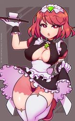 1girl :o alternate_costume apron breasts cleavage_cutout clothing_cutout earrings gloves grey_background highres jewelry kettle large_breasts maid maid_headdress one_leg_raised panties pyra_(xenoblade) re-sublimity-kun red_eyes red_hair tray underwear xenoblade_chronicles_(series) xenoblade_chronicles_2