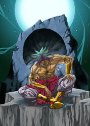 1boy abs armlet baggy_pants belt boots broly_(dragon_ball_z) circlet comet dragon_ball dragonball_z gold_boots gold_vambraces green_eyes green_hair hand_on_own_knee indian_style jewelry looking_at_viewer mcenroe medium_hair muscular muscular_male necklace no_nipples outdoors pants sitting sky smirk solo spiked_hair topless_male vambraces white_pants
