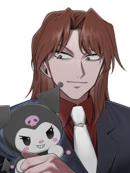 Rule 34 | 1boy, 1girl, black jacket, blazer, brown hair, closed mouth, collared shirt, commentary request, crossover, formal clothes, grey eyes, grin, highres, ichijou seiya, jacket, kaiji, kuromi, long hair, long sleeves, necktie, niwatori panda, red shirt, sanrio, shirt, simple background, skull print, smile, suit, upper body, white background, white necktie