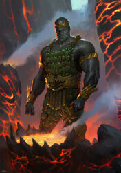 absurdres apron armor bald black_sclera blue_sky clenched_hand clenched_hands colored_sclera commentary cowboy_shot crown dark_skin dragon english_commentary glowing_hot gold_armor gold_trim green_apron green_armor highres holding holding_sword holding_weapon looking_at_viewer male_focus lava muscular muscular_male official_art oruam outdoors pelvic_curtain photoshop_(medium) primarch red_eyes salamanders_(warhammer) scale_apron scale_armor sky smithing solo standing steam sword vambraces veins vulkan warhammer_40k weapon yellow_armor