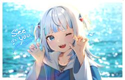1girl ;d blue_eyes blue_hair blue_hoodie blunt_bangs blurry blurry_background blush border claw_pose commentary day drawstring english_commentary english_text gawr_gura grey_hair hair_ornament hands_up highres hololive hololive_english hood hoodie long_hair multicolored_hair ocean one_eye_closed open_mouth shark_girl shark_hair_ornament sharp_teeth short_eyebrows smile solo streaked_hair tearing_up teeth tenchi_mayo thick_eyebrows two_side_up upper_teeth_only virtual_graduation_commemoration virtual_youtuber white_border wide_sleeves