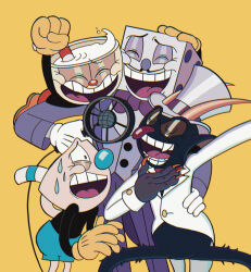 4boys closed_eyes cuphead cuphead_(game) formal_clothes happy highres king_dice looking_at_another microphone mugman multiple_boys purple_suit suit sweatdrop the_devil_(cuphead) toon_(style) white_suit yumeko1949
