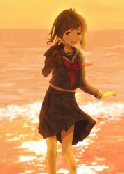 Rule 34 | 1girl, alakoala, black sailor collar, black serafuku, black shirt, black skirt, brown eyes, brown hair, commentary request, feet out of frame, hair ornament, i-401 (kancolle), kantai collection, long sleeves, medium hair, neckerchief, ocean, orange sky, ponytail, red neckerchief, sailor collar, sailor shirt, school uniform, serafuku, shirt, skirt, sky, solo, sunset, wading, water, winter uniform