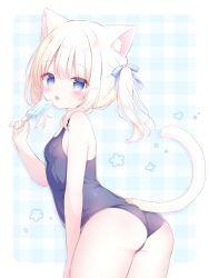 1girl :o absurdres animal_ear_fluff animal_ears ass bare_arms bare_shoulders blue_eyes blush bow breasts cat_ears cat_girl cat_tail collarbone cowboy_shot fang food from_behind hair_bow hair_ribbon highres holding holding_food ice_cream long_hair looking_at_viewer looking_back one-piece_swimsuit open_mouth original popsicle ribbon school_swimsuit small_breasts solo standing swimsuit tail tail_raised twintails usami_cocoa white_hair